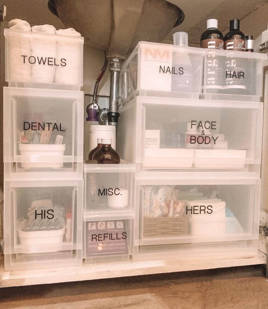 Organized bathroom storage with labeled bins and smart design