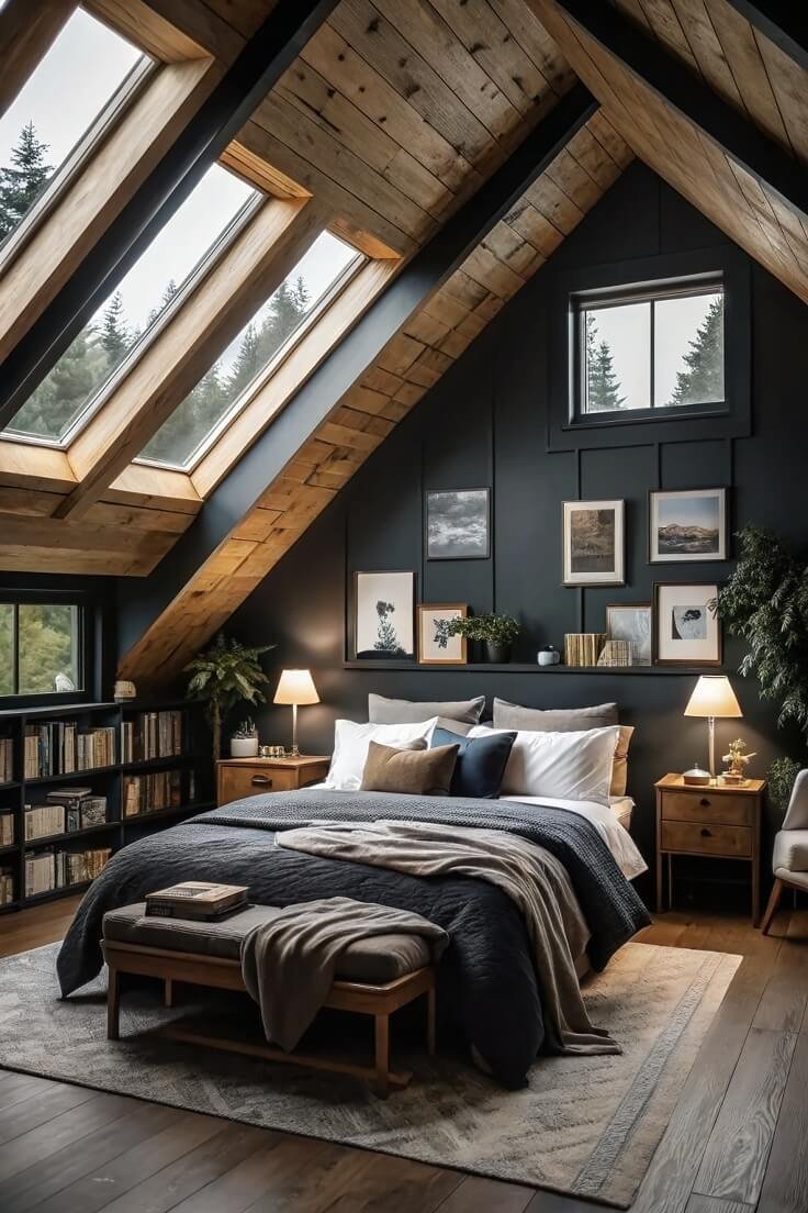 Cozy attic bedroom blends rich colors with natural light
