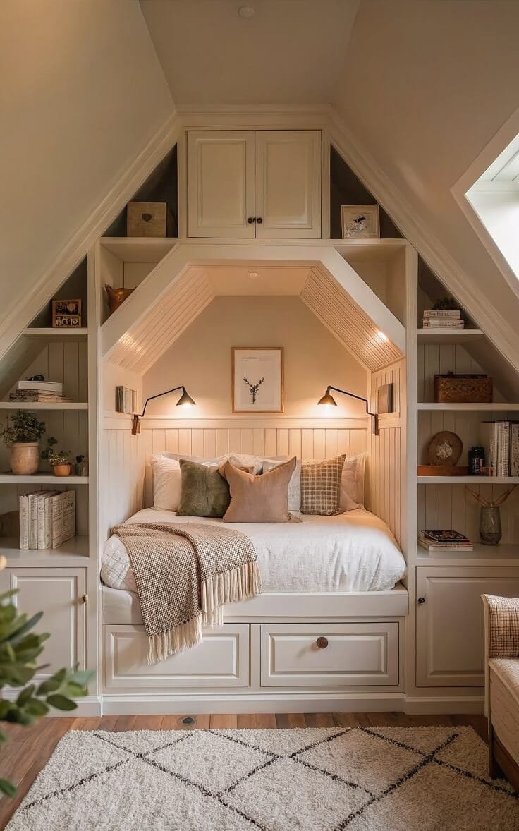 Cozy attic retreat with built-in bed and soft textiles