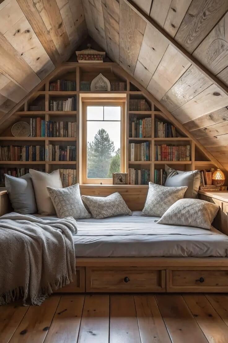 Inviting attic nook design with wood tones and cozy features