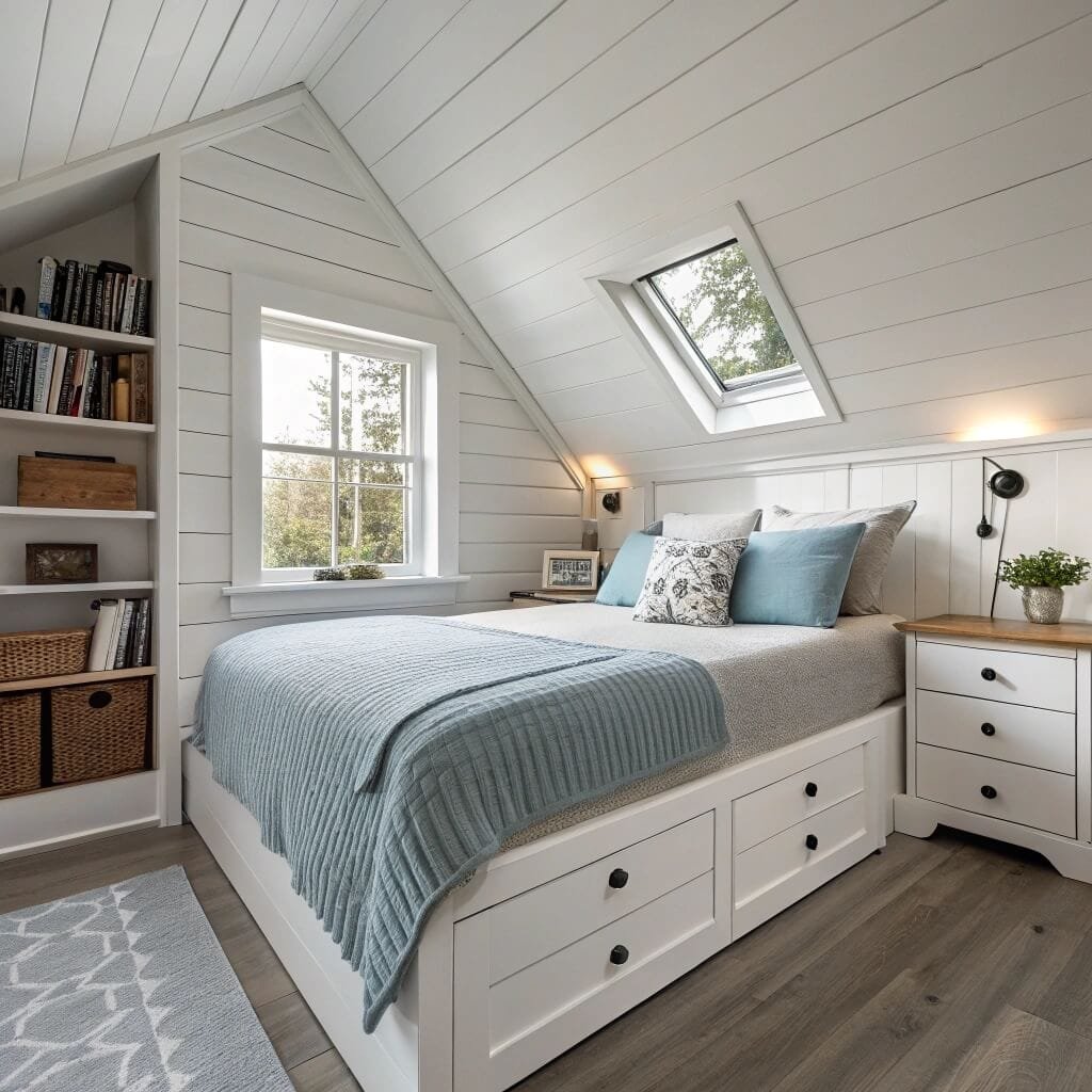 Stylish attic with light colors and smart storage