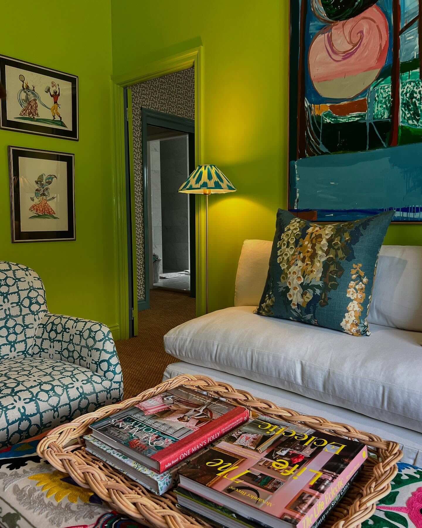 Eclectic living room design with vibrant colors and textures