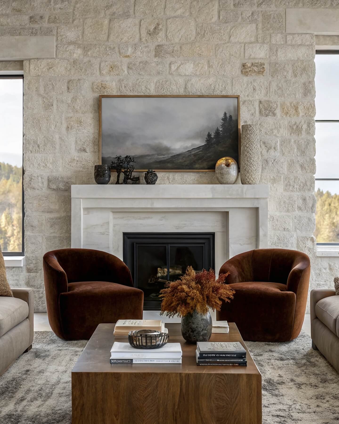 Cozy armchairs and rustic decor create a relaxing nook