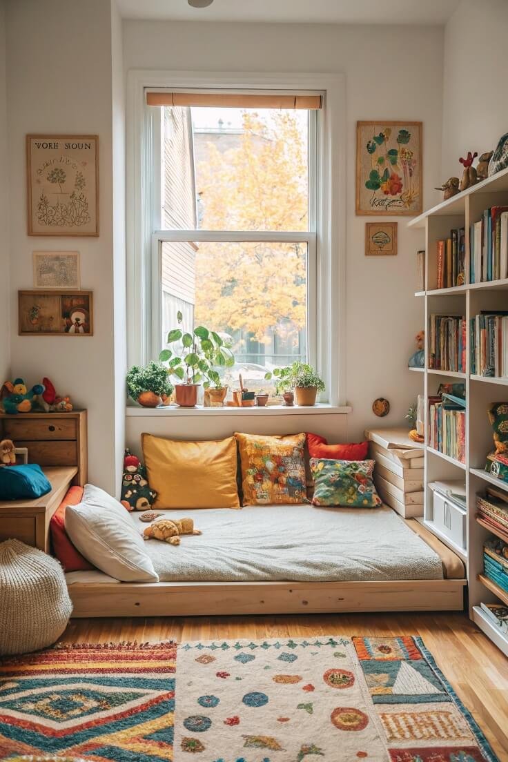 Cozy reading nook with vibrant cushions and natural light