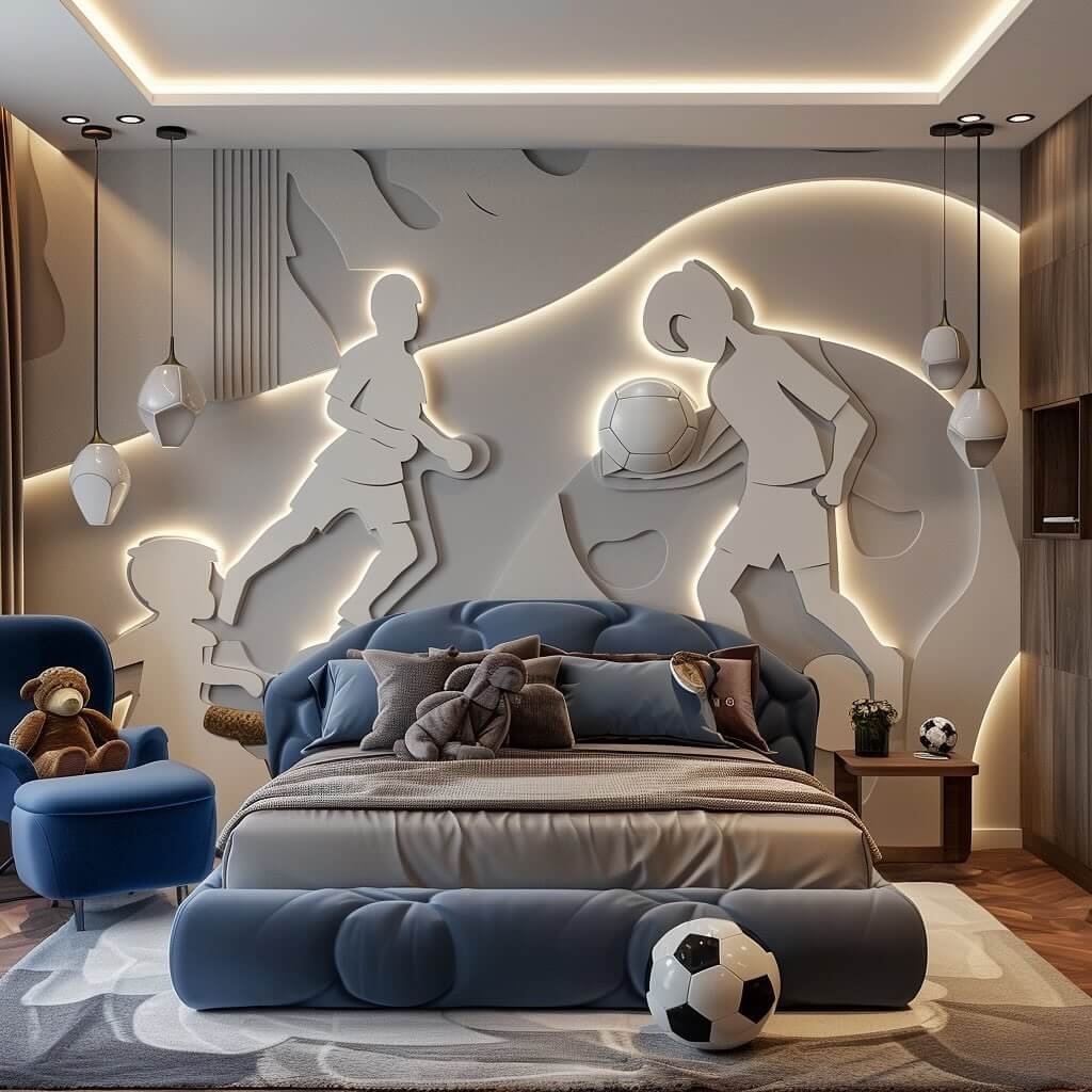 Dynamic soccer-themed decor enhances playful bedroom vibes