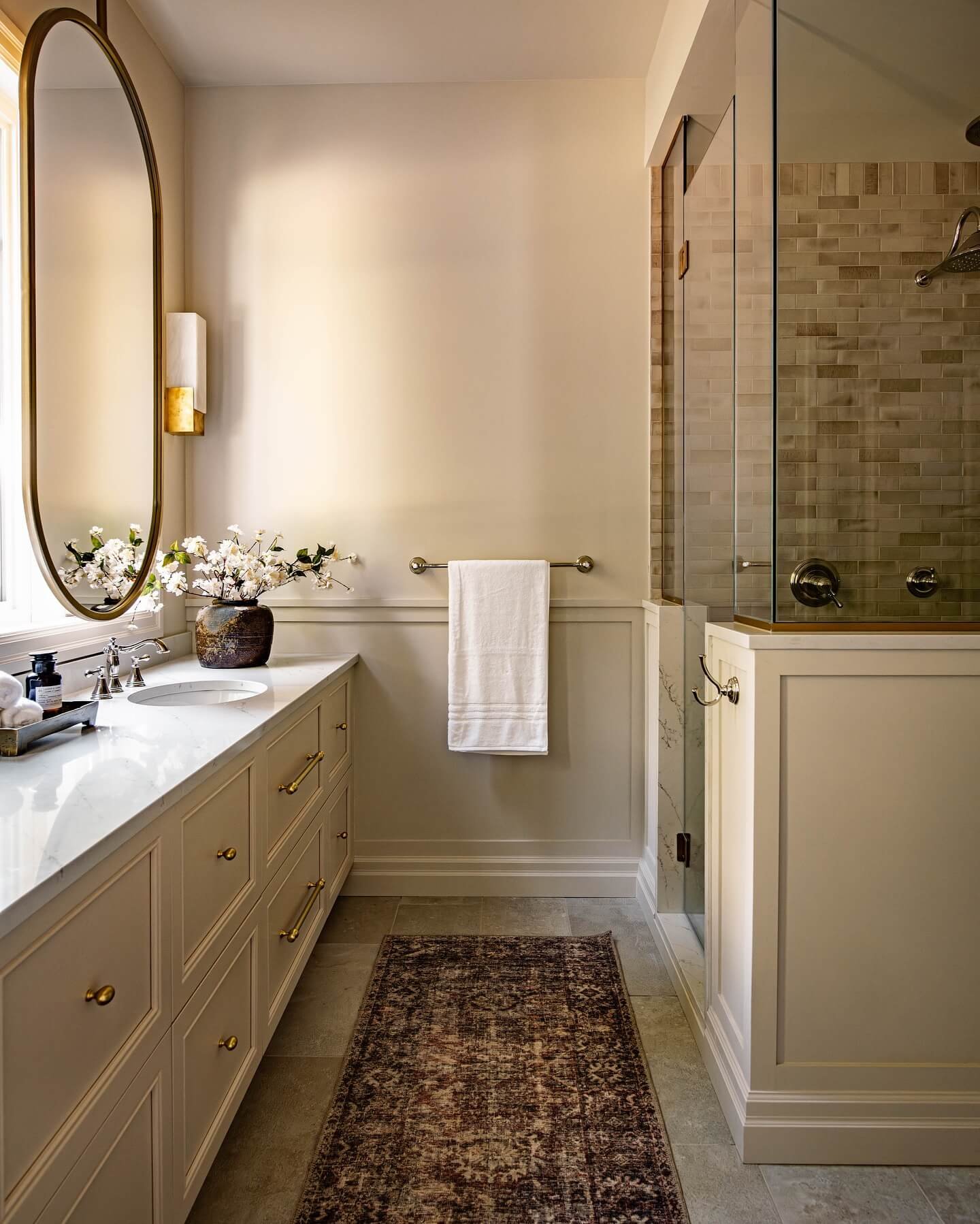 Calming bathroom design with neutral tones and elegant features