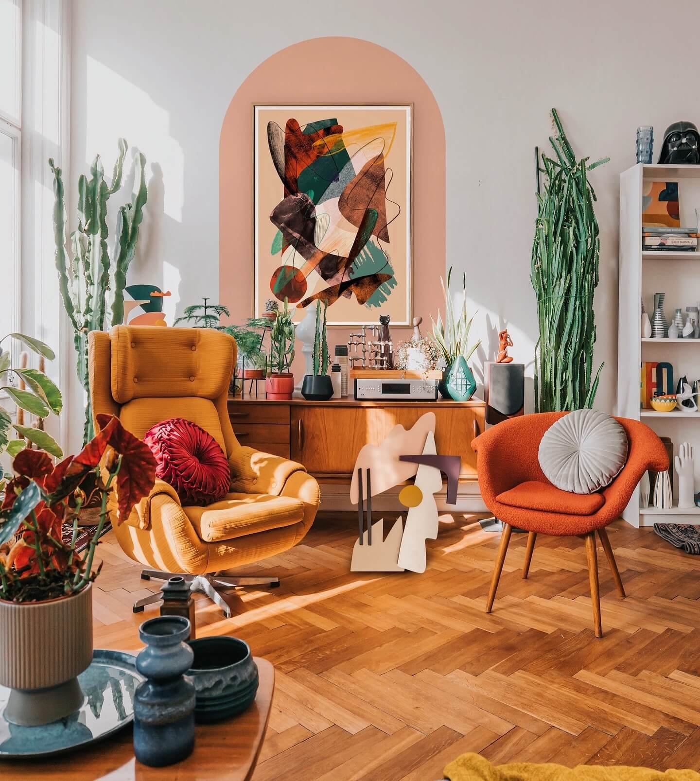 Vibrant seating area combines color and creativity for warmth