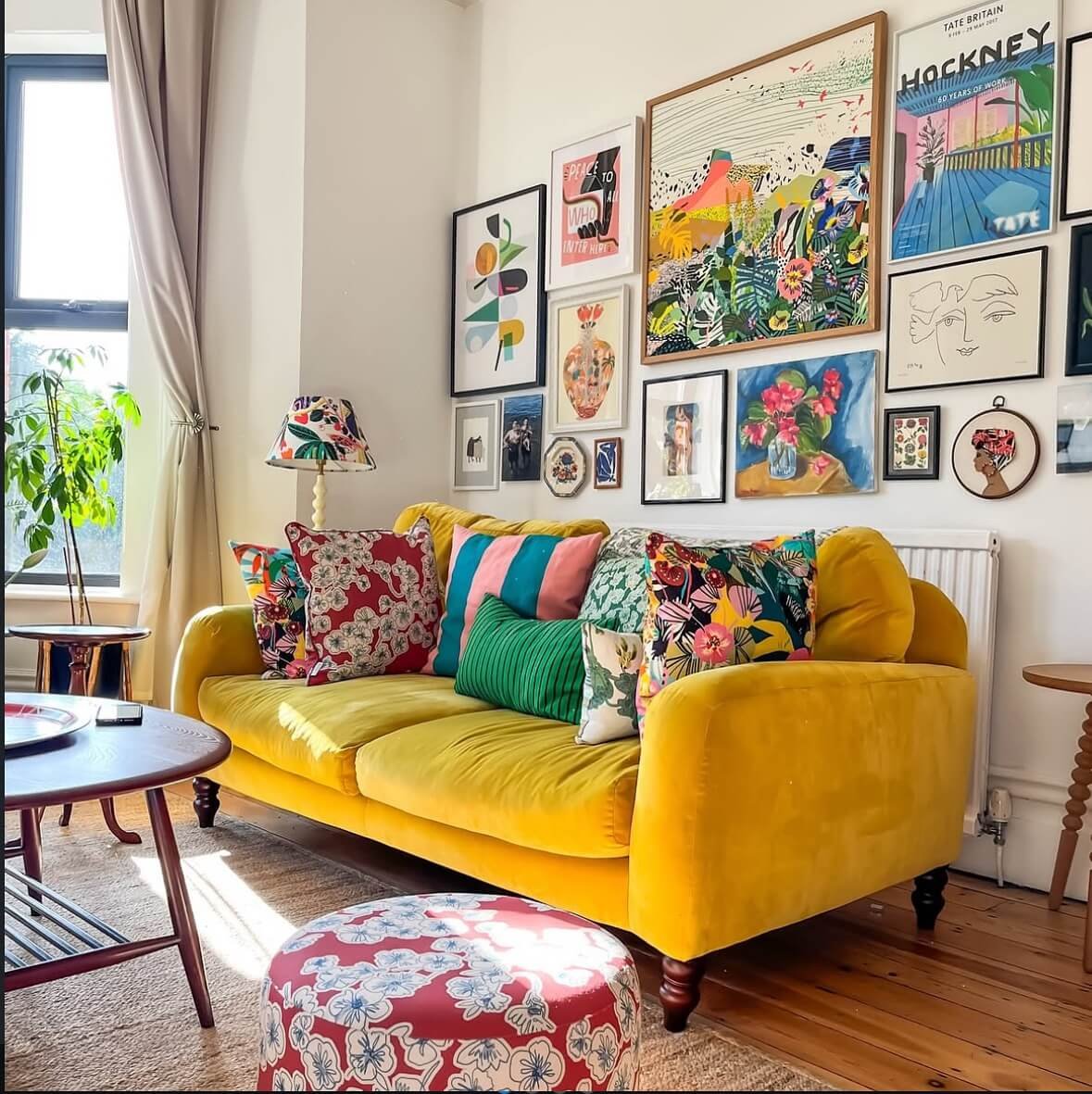 Vibrant living room design with bold colors and art