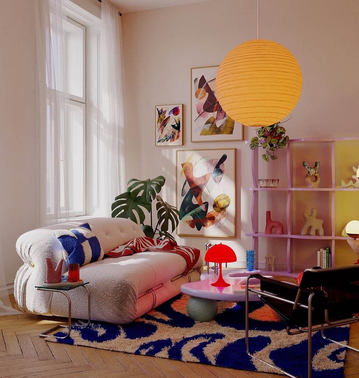 Whimsical living room design with vibrant colors and patterns