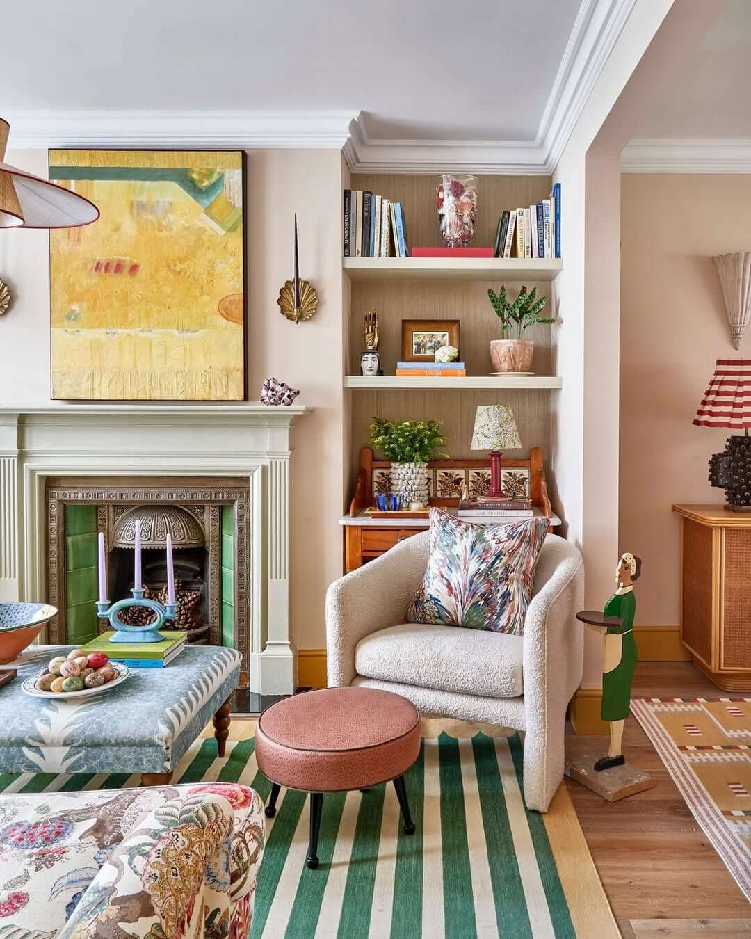 Bold patterns and colors create a cozy inspiring living room