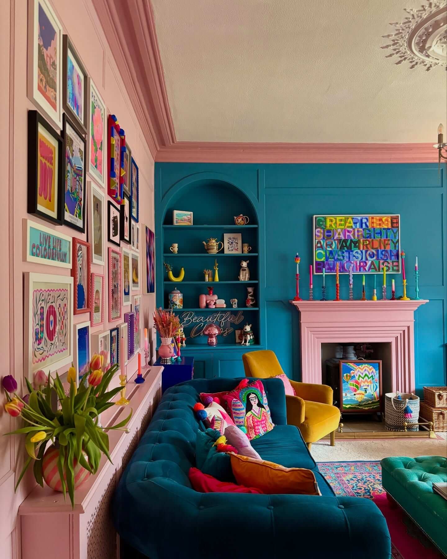 Eclectic living room design bursting with personality and charm