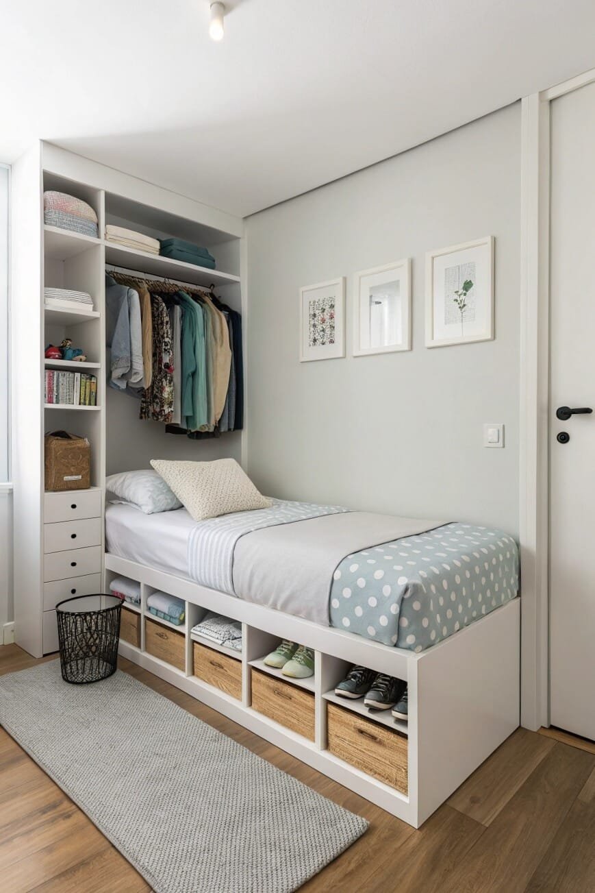 Soft gray walls and smart storage enhance room functionality