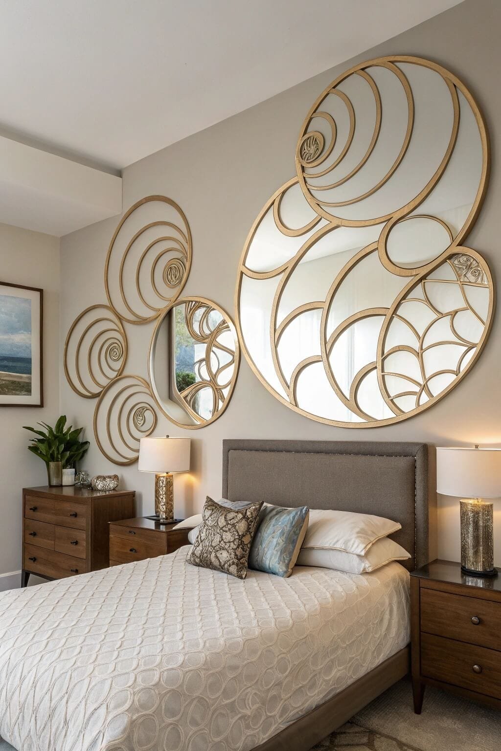 Striking mirrors enhance depth and light in bedroom design
