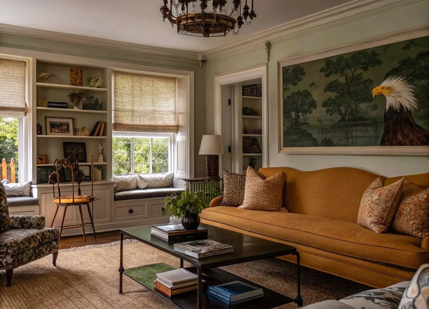 Cozy elegance with a vibrant mustard sofa and natural textures