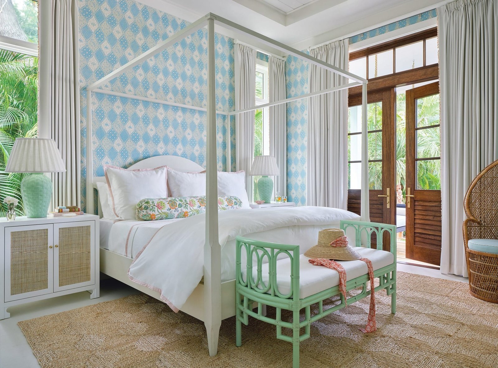 Coastal bedroom design with calming blue and natural textures