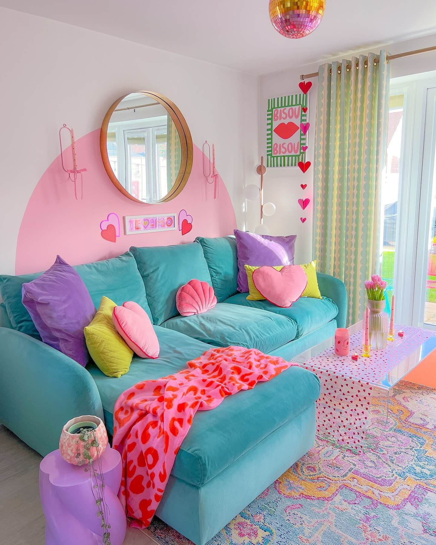 Vibrant living room decor blends comfort and playful charm