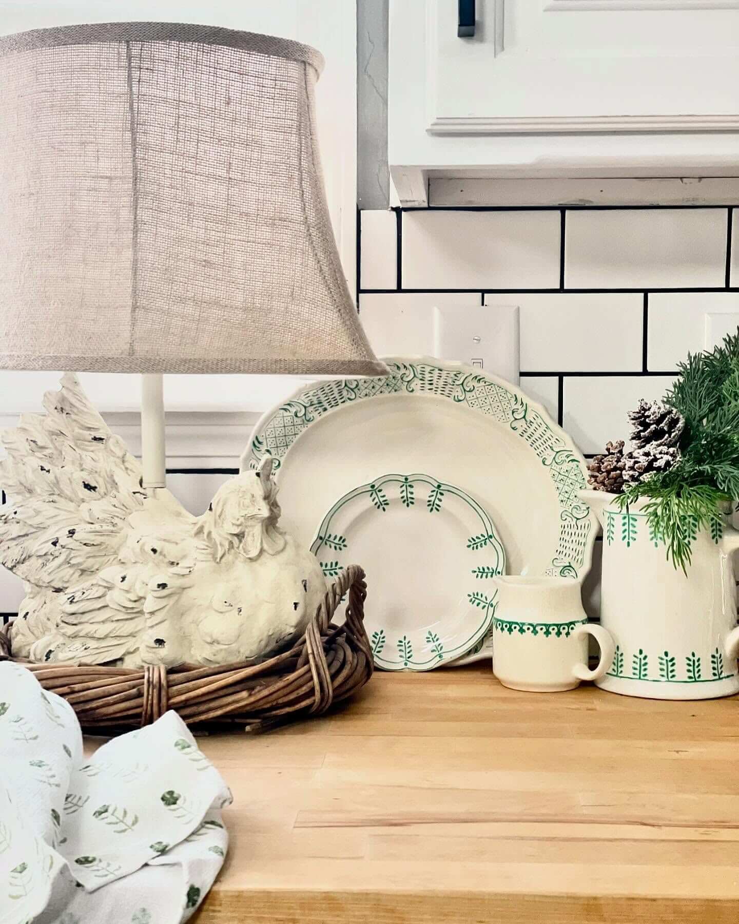 Rustic Kitchen Counter Styling with Green Pattern Dishes