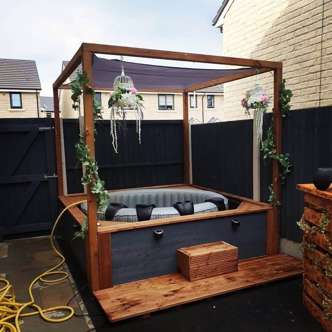 Cozy gazebo with lush greenery