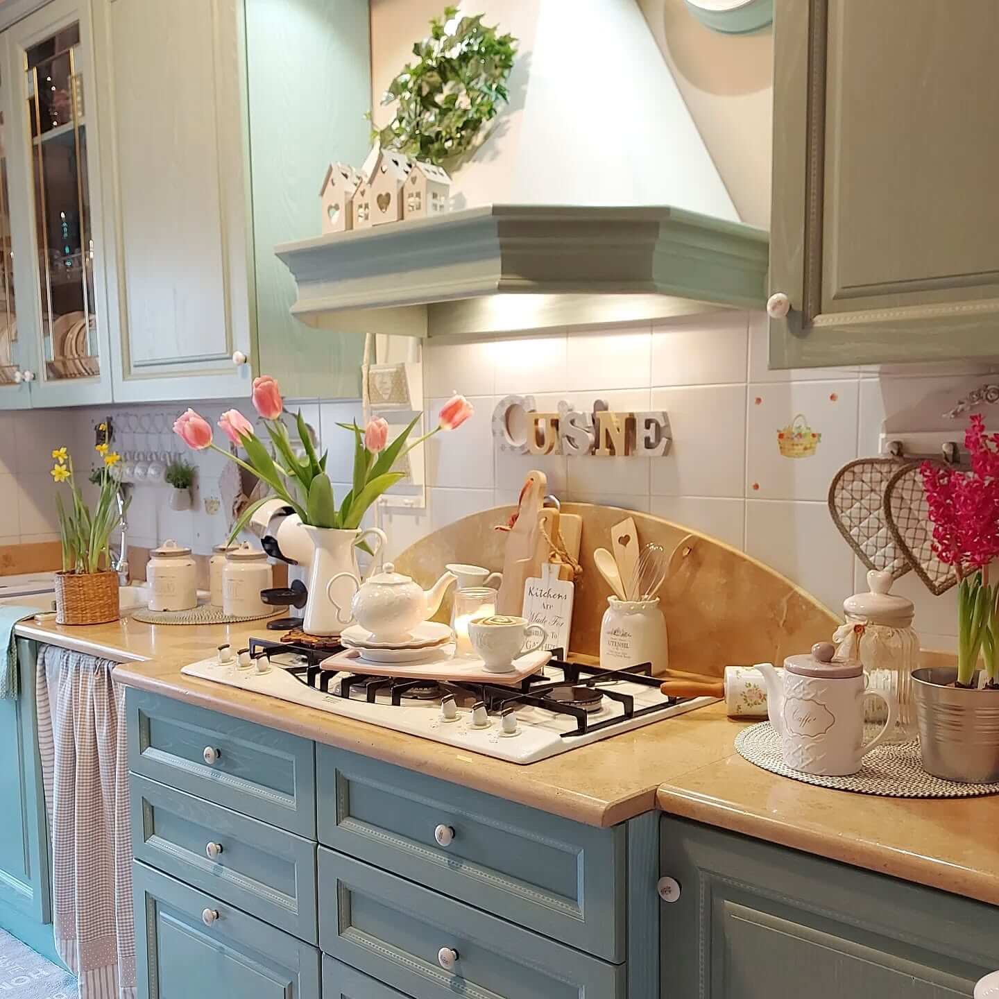 Charming Cottage Kitchen Counter with Spring Tulips