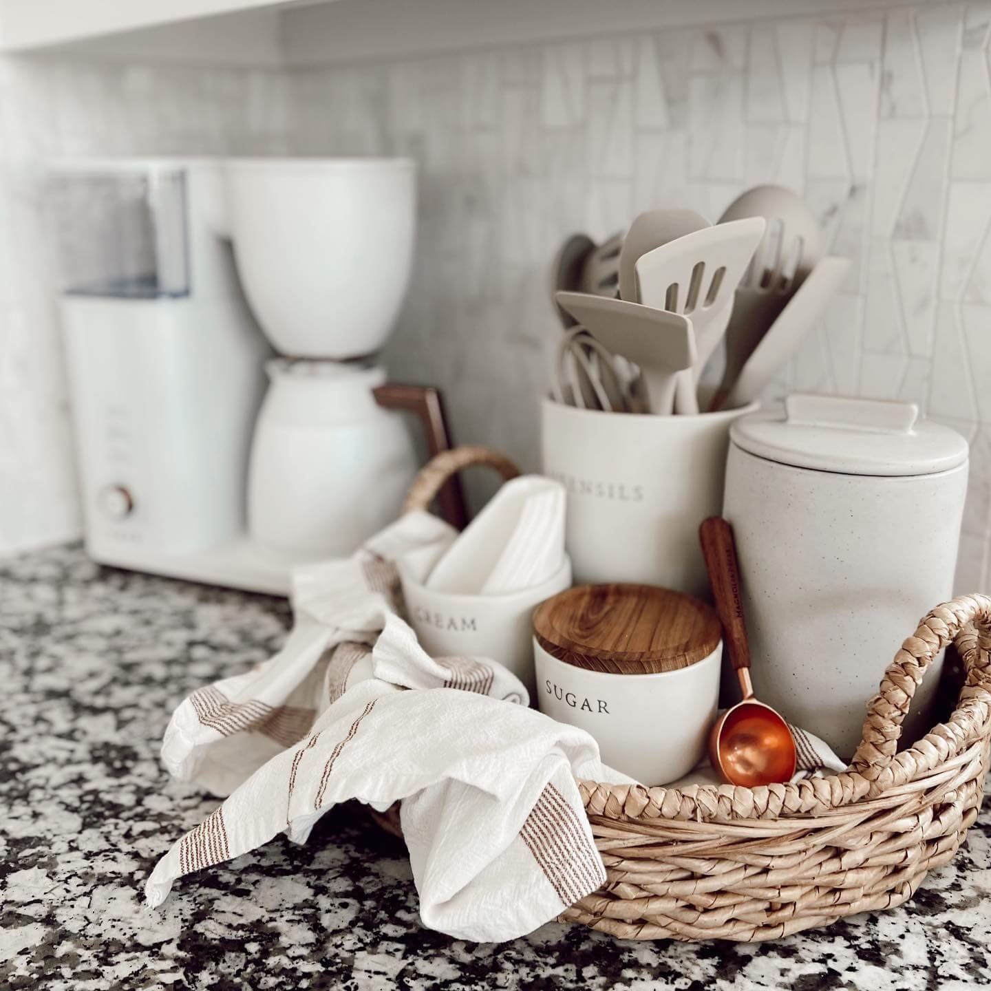 Functional Coffee Station Styling with Natural Woven Basket